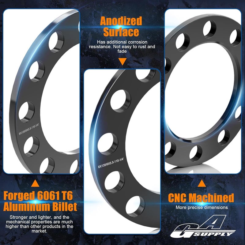 GAsupply فواصل عجلات عالمية 6 مم 6x5.5 6x135 6x139.7، تناسب سيلفرادو/سابربان/سييرا/يوكون 1500 تاكوما (فقط 6 لوج) 4-رانر، 110 مم بؤرة المحور، 1/4" محولات فاصل سوداء مطروقة، 4 قطع - Image 5